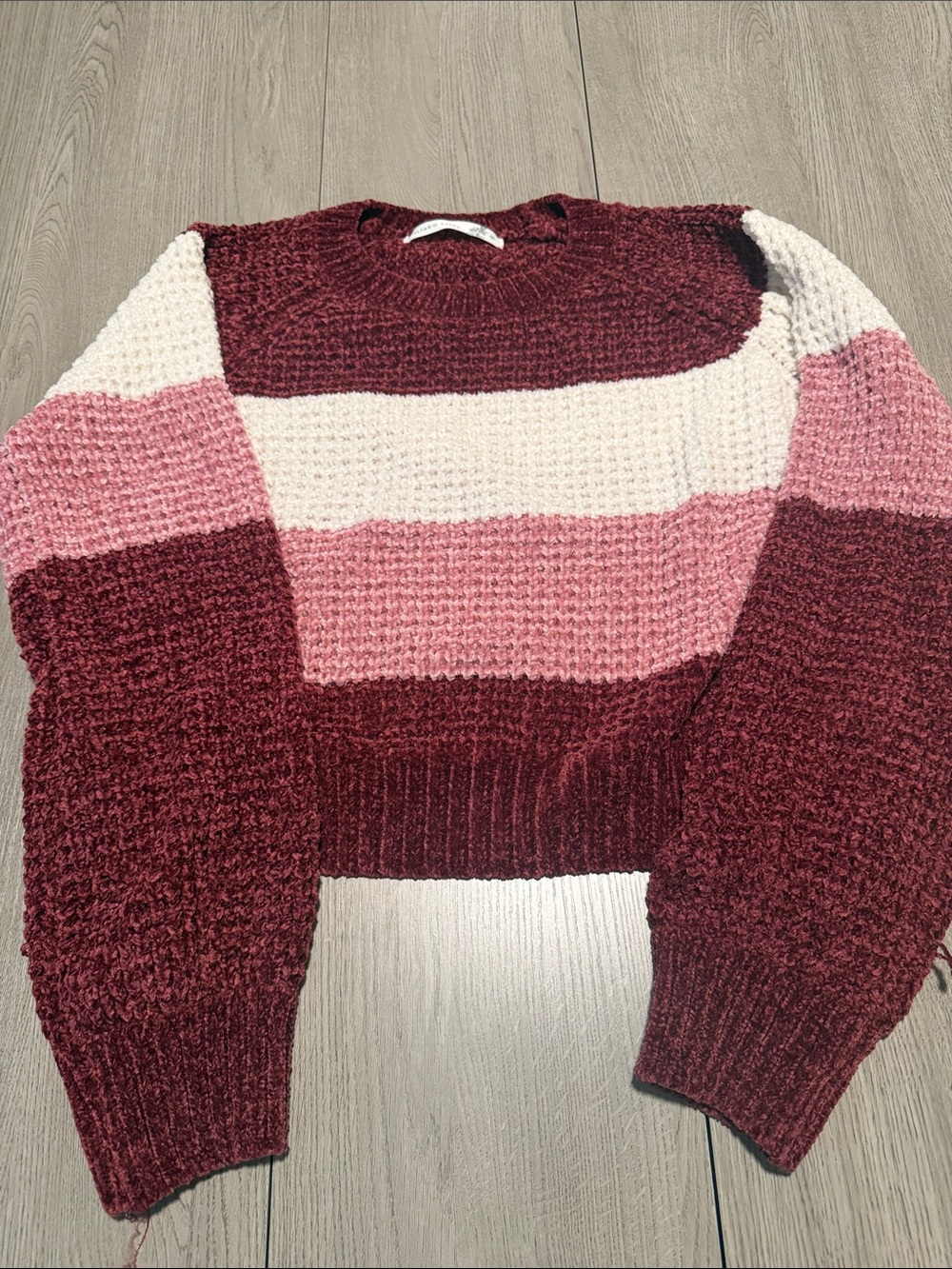 Altar'd State Striped Crewneck Sweater in Burgundy, Pink & Cream